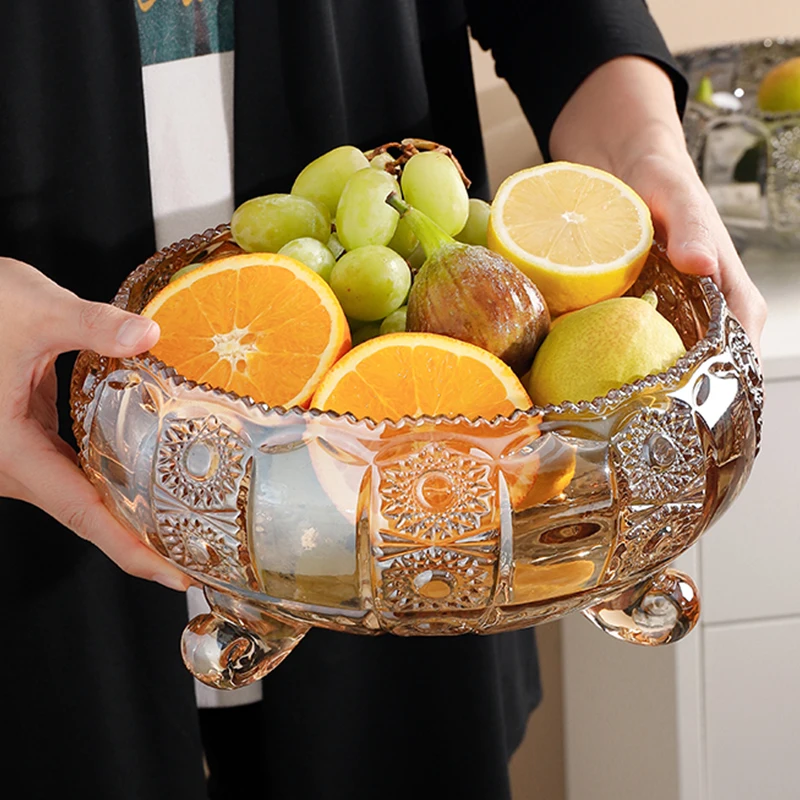 

Large Capacity Tripod Fruit Plate Glass Fruit Pot European Style Creative Living Room Household Dried Fruit Tray Snack Dish KTV