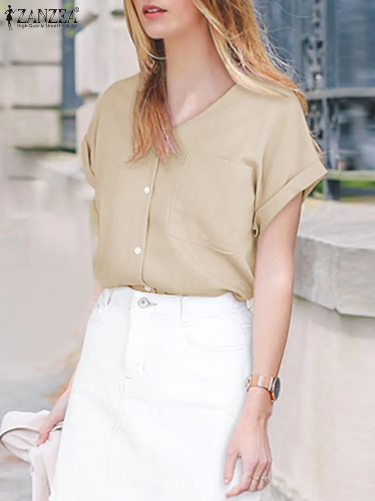 

ZANZEA Casual Women Shirts 2023 Summer Fashion V-neck Roll Up Short Sleeve Cardigan Blouses Holiday Solid Color Pockets Tops