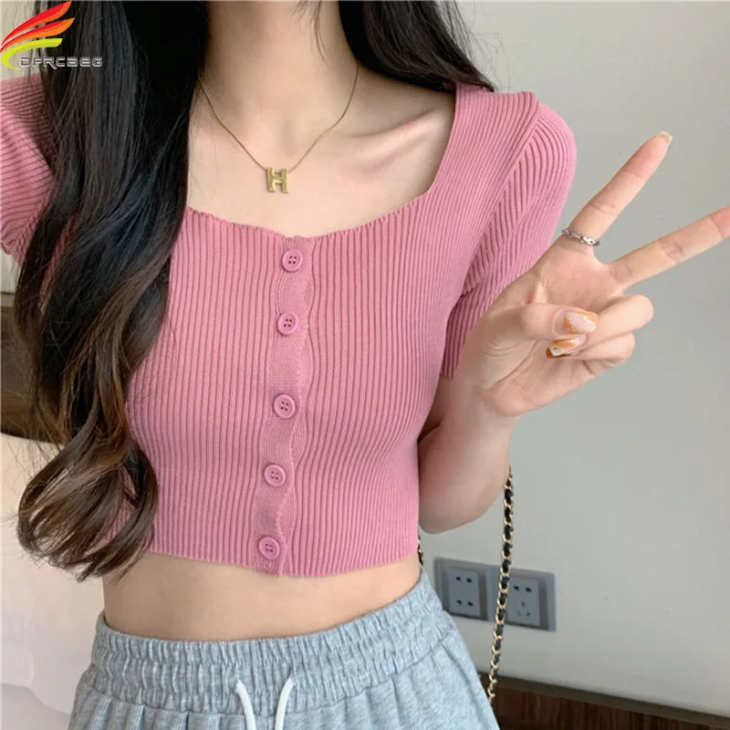 

DFRCAEG 2022 Summer Sweater Women's Pullover Casual Green White Black Or Pink Slim Knitted Short Sleeve Crop Tops Femme