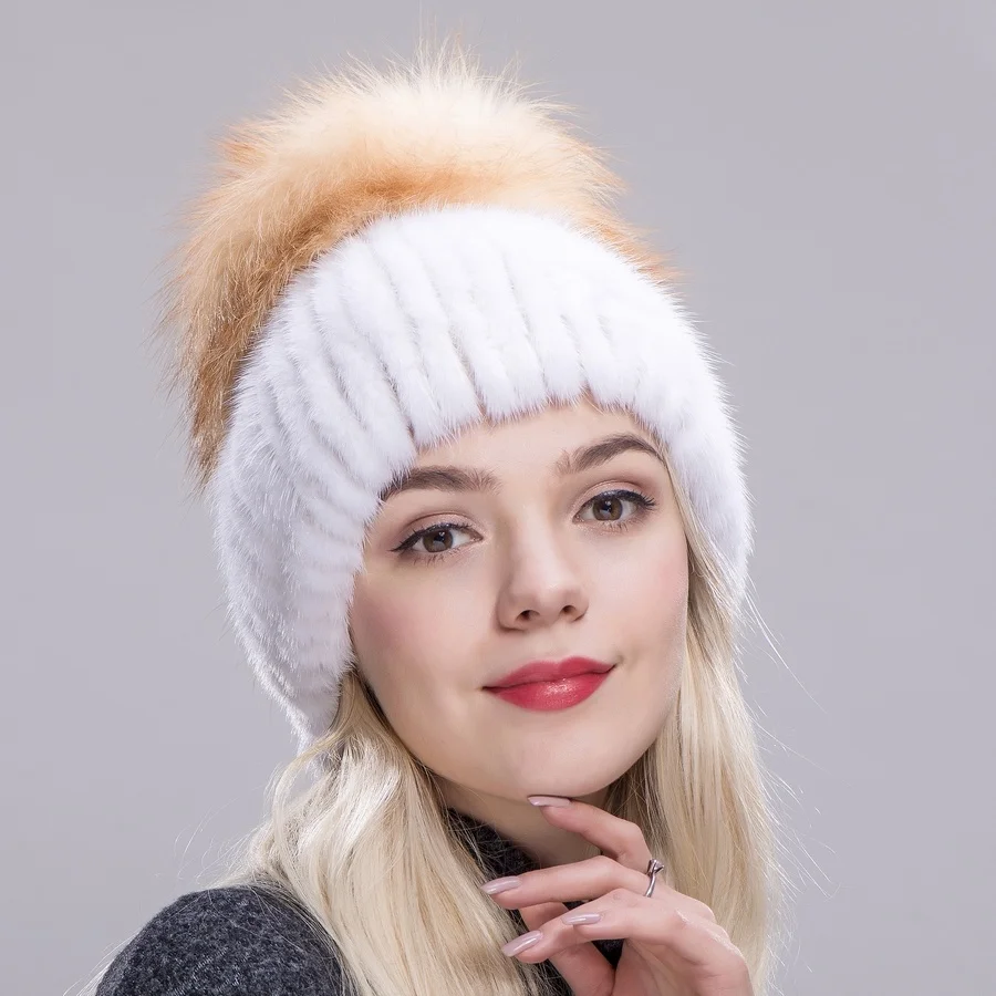 High quality New hats Style Winter Warm Fluffy Real Cap For Fur Women Natural Mink Fox Hats Vertical Weaving With