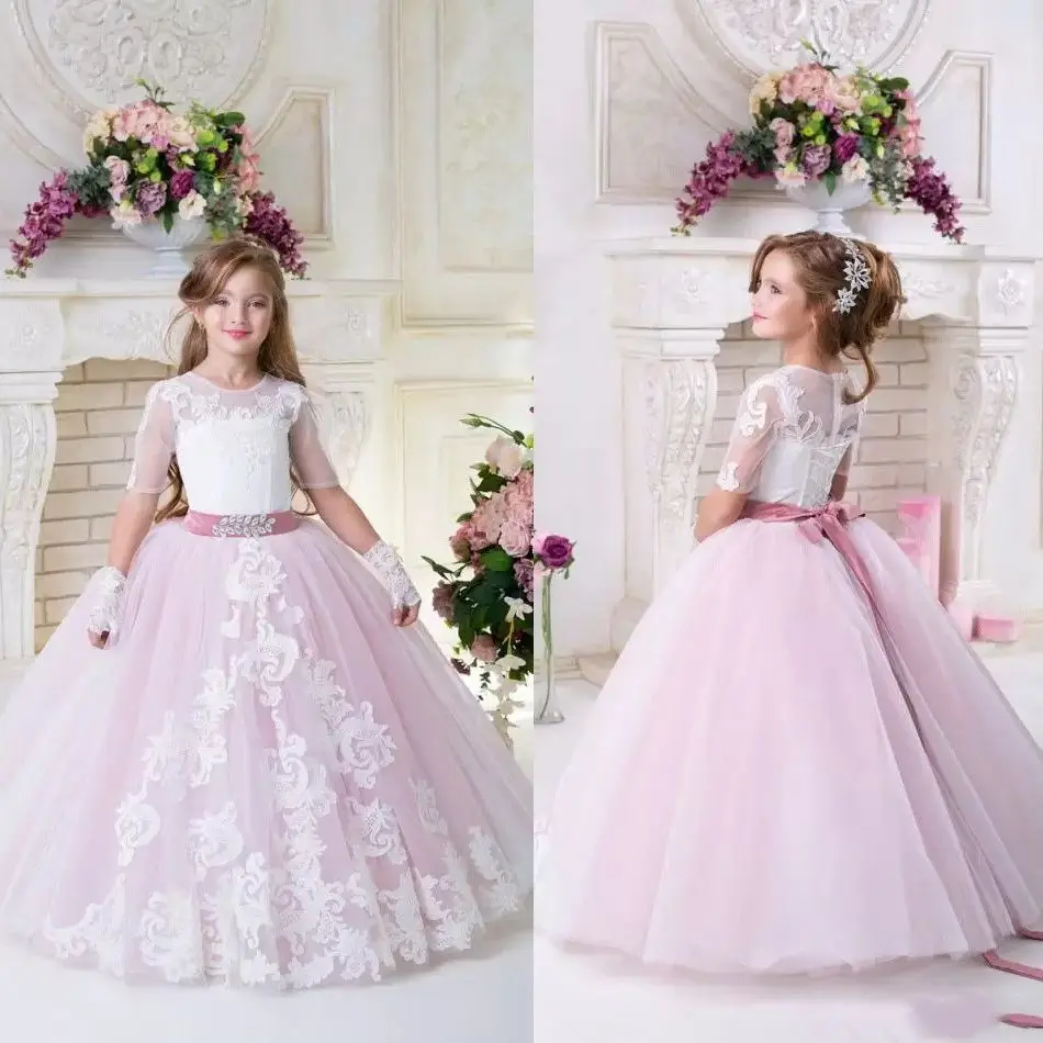 

Elegant Appliques Flower Girl Dresses Boho Bow Rhinestone Stone Tulle Short Illusion Sleeves Child Skirt