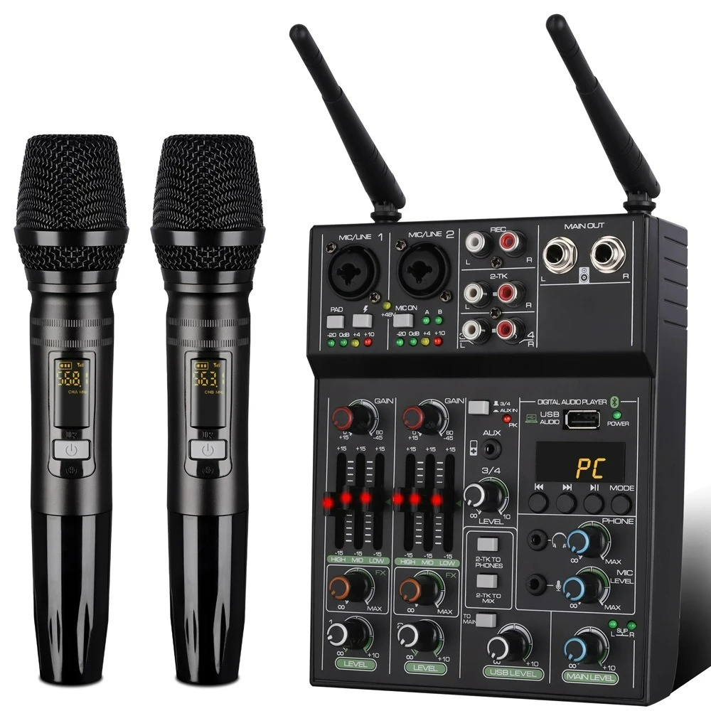 

Audio Mixer with Wireless Microphone 4 Channel Bluetooth Studio Sound Mixers MX-R42 USB REC DJ Console Mixing for Karaoke