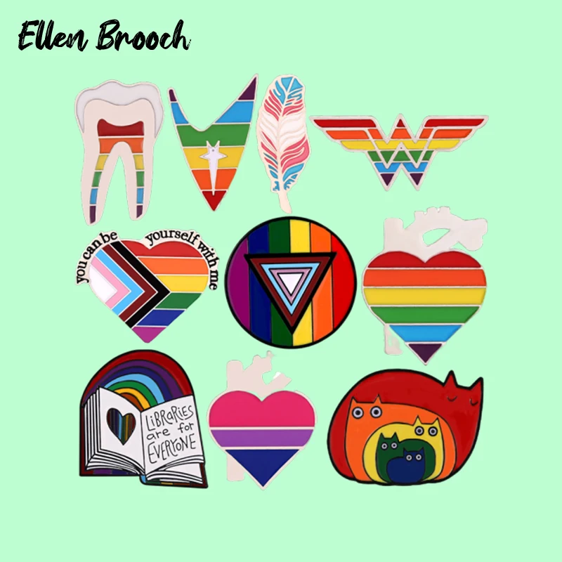 

You Can Be Yourself With Me Enamel Pins Rainbow Heart Cat Feather Book Tooth Brooches On Backpack Gift for Friend Jewelry
