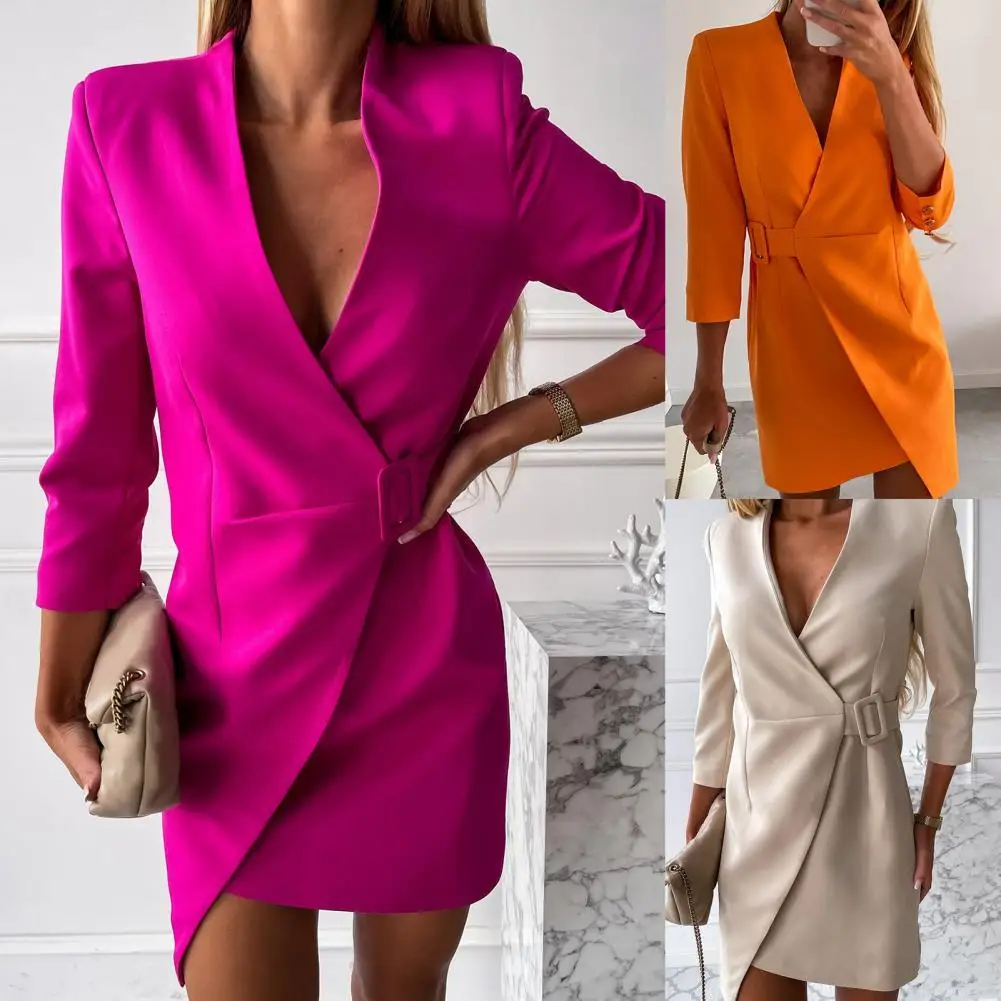 

Women Dress Short Blazer Dress Loose Pure Color A-line Dress V-neck Side Belt Mini Dress Party Dress for Female Clothing