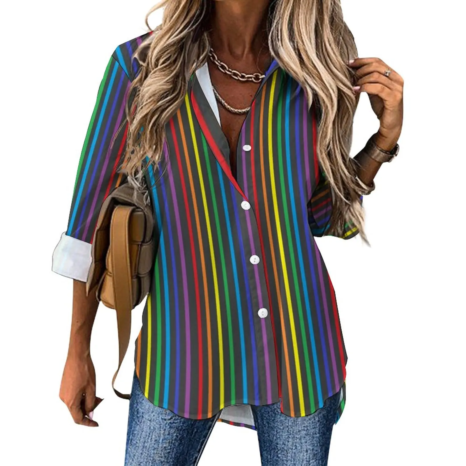 

Pinstripe Rainbow Casual Blouse Long Sleeve Colorful Stripes Print Office Blouses Womens Basic Oversized Shirt Graphic Clothes