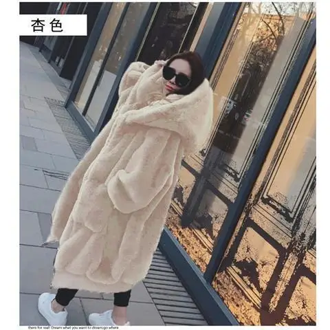 Korean Fashion Rex Rabbit Fur X Long Women Fur Jacket Long Warm Thick Coats Thickened Long Hooded Fur Coat Faux Fur Coat Women