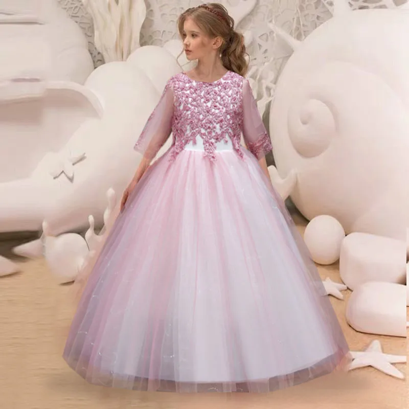 

Summer Pink Bridesmaid Dress Kids Long Sleeve Clothes For Girls Children Costume Princess Girl Party White Wedding Dress