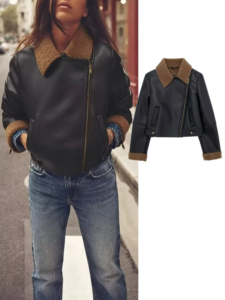 

TRAF Women Pocket Motorcycle Jacket Coats Fashion Zipper Vintage Long Sleeve Winter Jackets Casual Street Outerwears Thick Coat