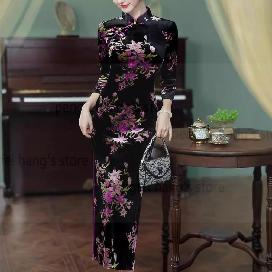 Женское элегантное зимнее теплое велюровое платье Ципао традиционное с