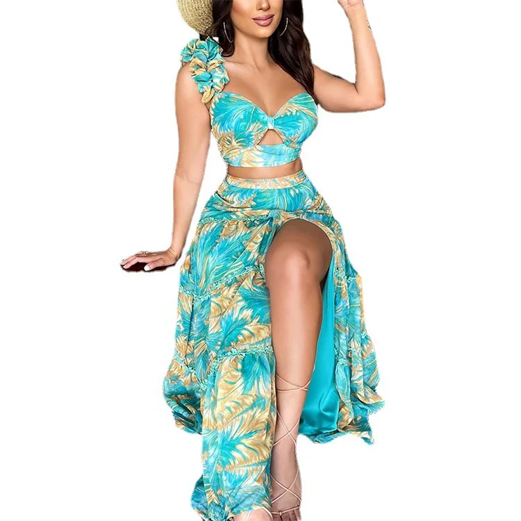 

2022 Spring/Summer New Women's Two-piece Suit, Dress Sexy Printed Hollow Skirt