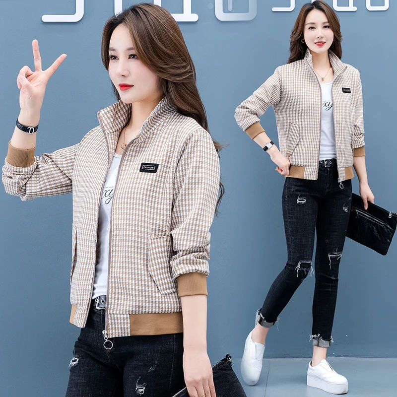 2022 Korean Fashion Autumn Houndstooth Bomber Jacket Women Long Sleeve Tops Baseball Office Vintage Zipper Coats Female Outwear