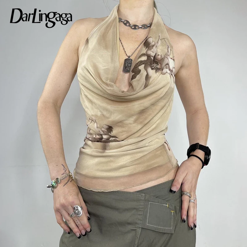 

Darlingaga Fashion Fairycore Frill Sexy Halter Top Female Backless Chic Printed Summer Mesh Top Short Swinging Collar Club Party