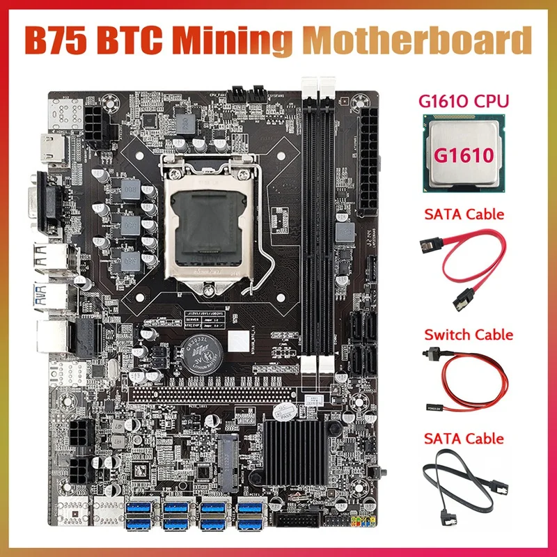 

B75 ETH Mining Motherboard 8XPCIE To USB+G1610 CPU+2XSATA Cable+Switch Cable LGA1155 MSATA B75 USB Miner Motherboard