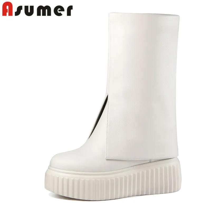 

ASUMER 2023 New Size 33-40 Flat With Heels Shoes Slip On Genuine Leather Women Boots Winter Ladies Mid Calf Boots