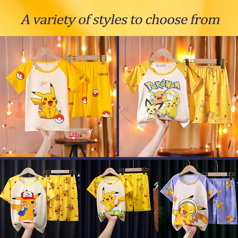 

Pikachu Children's Pajamas Sets Children Boys and Girls Pokemon Cartoon Short Sleeve Pijamas Set Kids Sleepwear Home Clothes