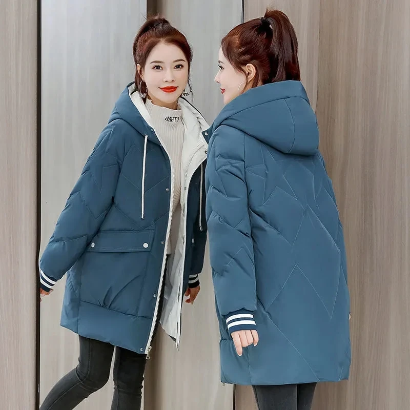 2022 Winter Warm Parkas Jacket Women's Casual Hooded Cotton-Padded Coats Middle-Length Thick Warm Down Coat Parka Korean Jackets