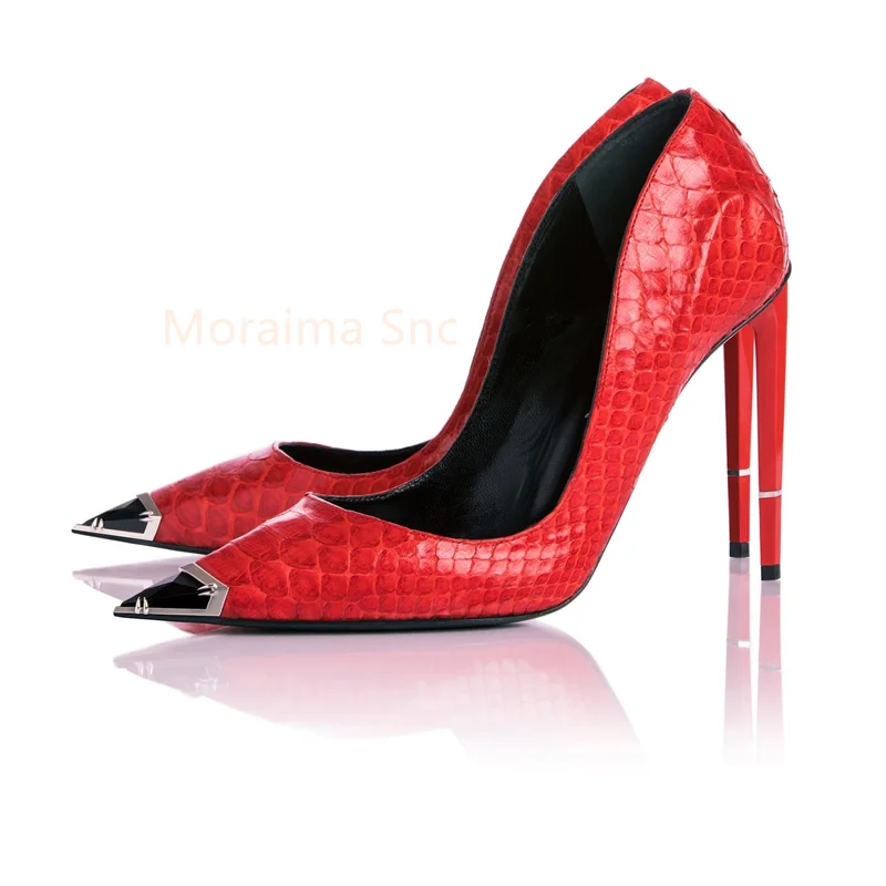 Snake Skin Pointed Toe High Heels Women Pumps Metal Decor Designer New Shallow Stiletto Sexy Single Shoes Women Party Wedding