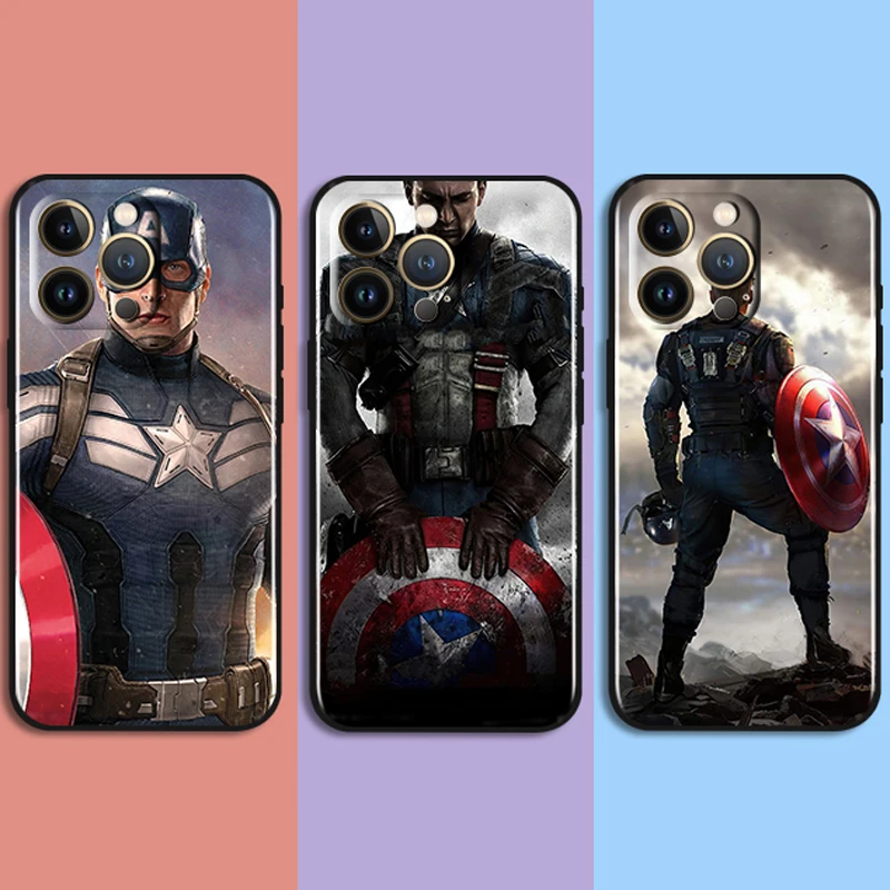 

Marvel Captain America For Apple iPhone 13 12 11 Pro Max Mini XS Max X XR 6 7 8 Plus 5S SE2020 Soft Black Phone Case Cover Coque
