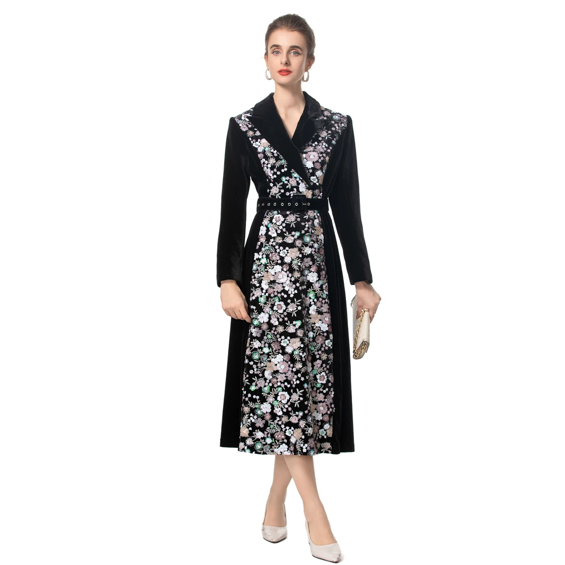 Женский Тренч с отложным воротником и длинными рукавами бархатное велюровое