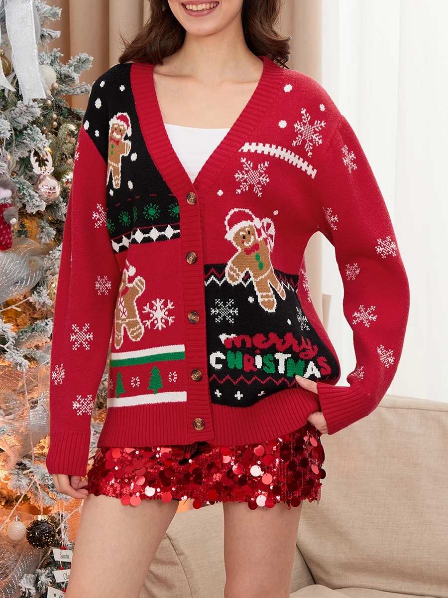Женский рождественский кардиган свитера пряничный мужской узор ребристая