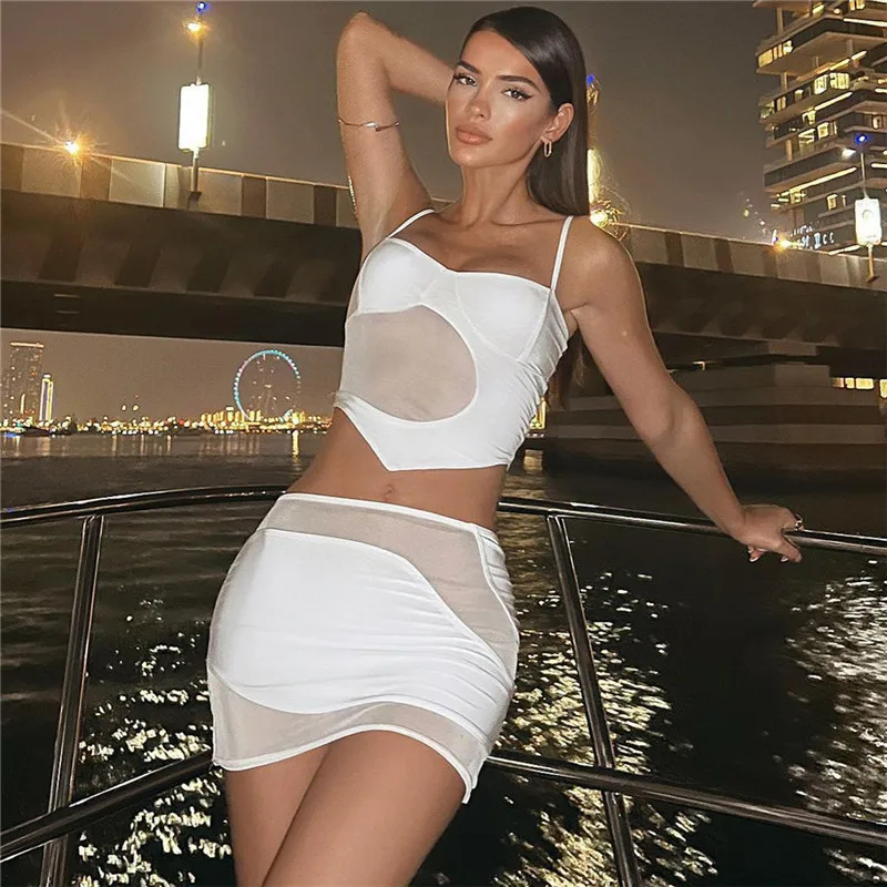 

Sleeveless Sexy Bodycon Two Pieces Fashion Black Mesh Backless Dress Sets Crop Beach Party Night Club Outfits 2023 Spring