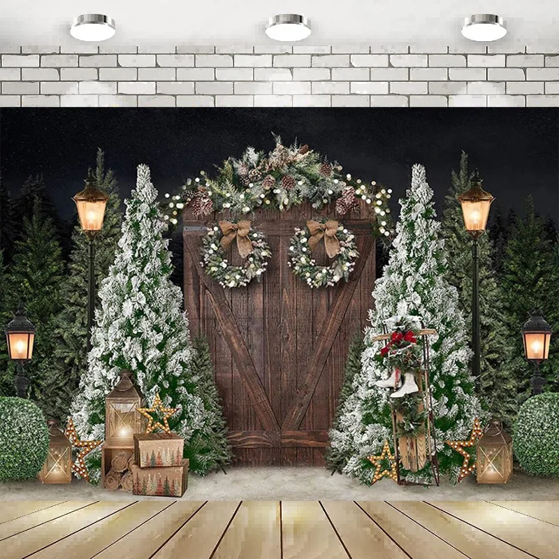 

Рождественские деревенские деревянные двери фотография Фон зима Рождество сосна дерево декор фоновые обои дети день рождения баннер