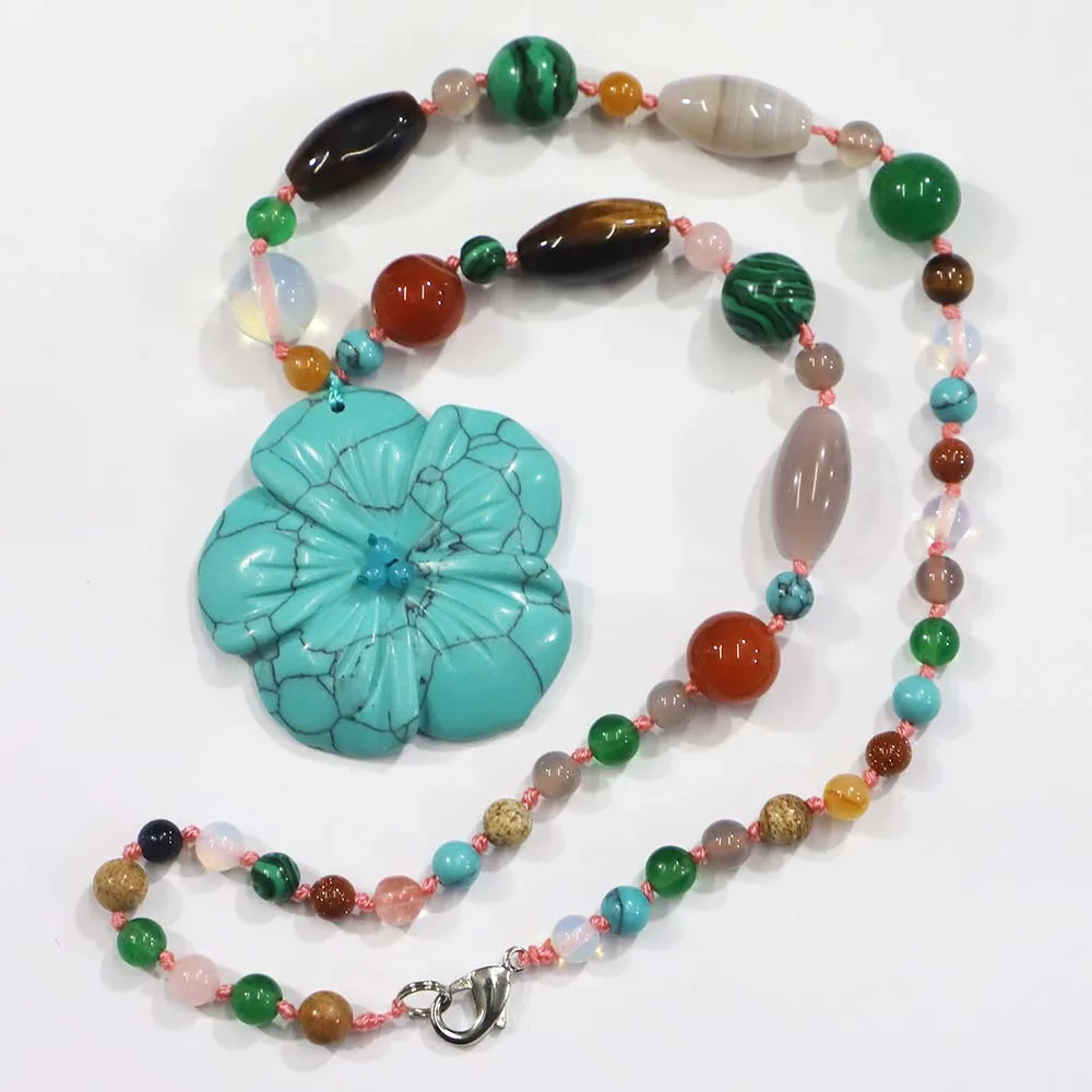 Natural  High Quality Magnolia Flower Knotted With Precious  Necklace Fashion Pendants Women Ethnic Beaded Sweater Chain Jewelr