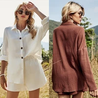 womens casual suits womens 2022 summer new long sleeved white shirts tops cotton linen shorts ladies 2 piece pant sets