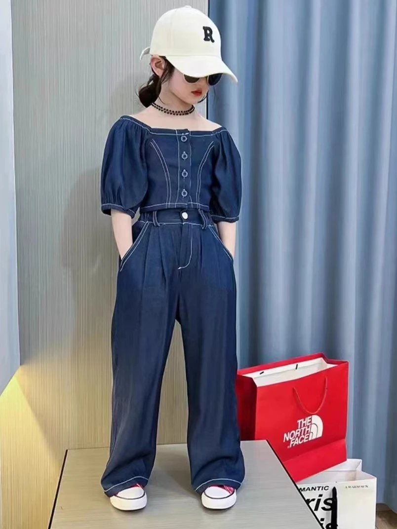 

Korean Style Kids Girls Clothes Summer Jeans Outfit Print Denim Vest Shirts+Wide leg Pants Sets for Fashion Children grils