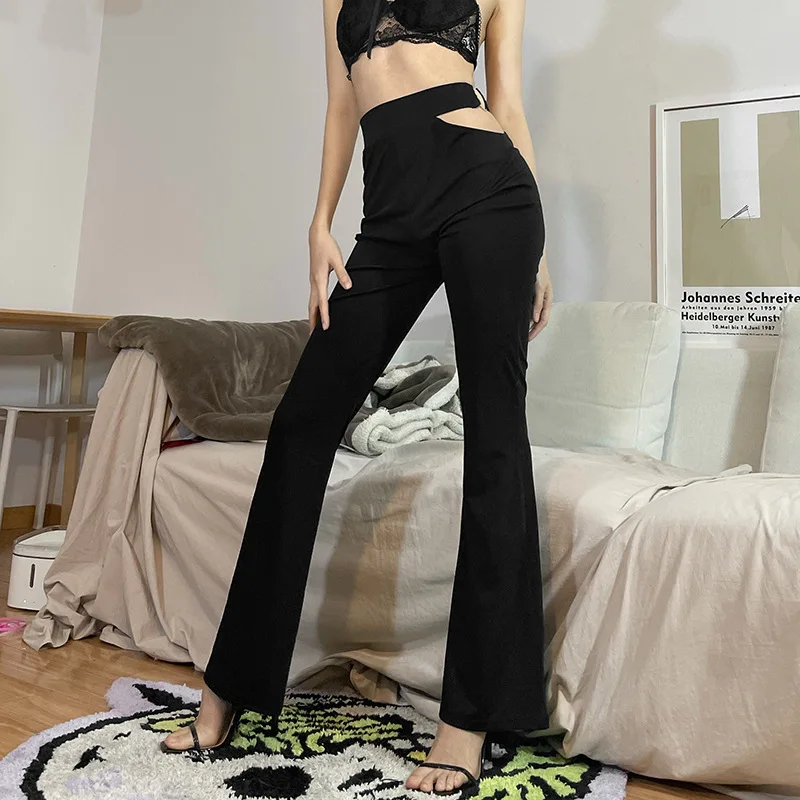 

Новые женские пикантные расклешенные брюки с вырезами, женские модные повседневные однотонные брюки с высокой талией
