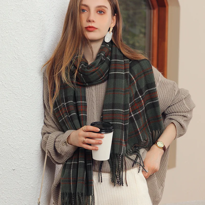 

Модный осенне-зимний теплый кашемировый шарф 70*180 см, дизайнерский клетчатый длинный женский шарф с кисточками, плотная шаль, Дамский глушитель из пашмины