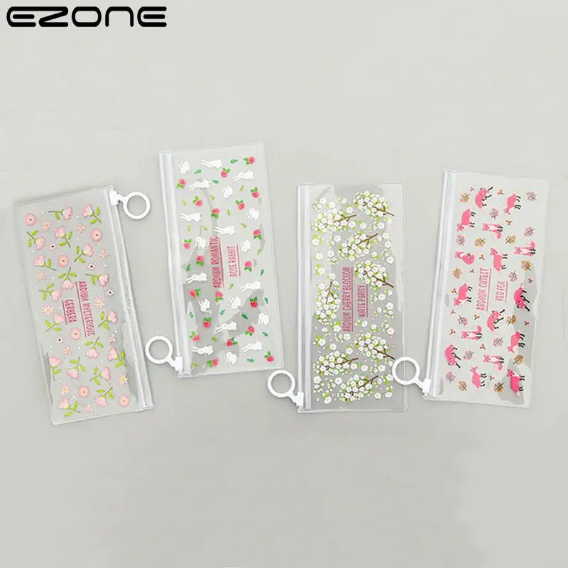 

EZONE 2pcs Mini Pencil Case Transparent Zipper Pencil Bag Kawaii Rabbit Flower PVC Invoice Folder Desktop Storage Cosmetic Bag
