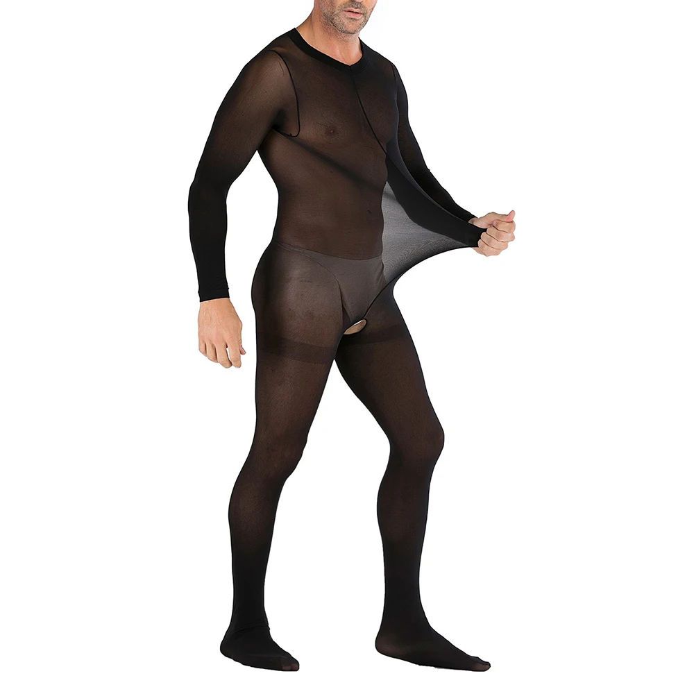 

Sexy Sheer Bodysuit Man Open Crotch Pantyhose Transparent Stockings Gay One Piece Jumpsuit Sissy Crotchless Full Body Stockings