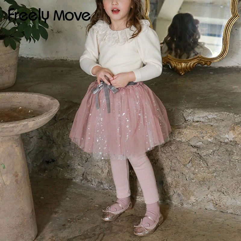 

Freely Move 2022 Cotton Girls Leggings Lace Princess Skirt-pants Spring Autumn Children Star Sequins Tulle Bow Skirt Trousers