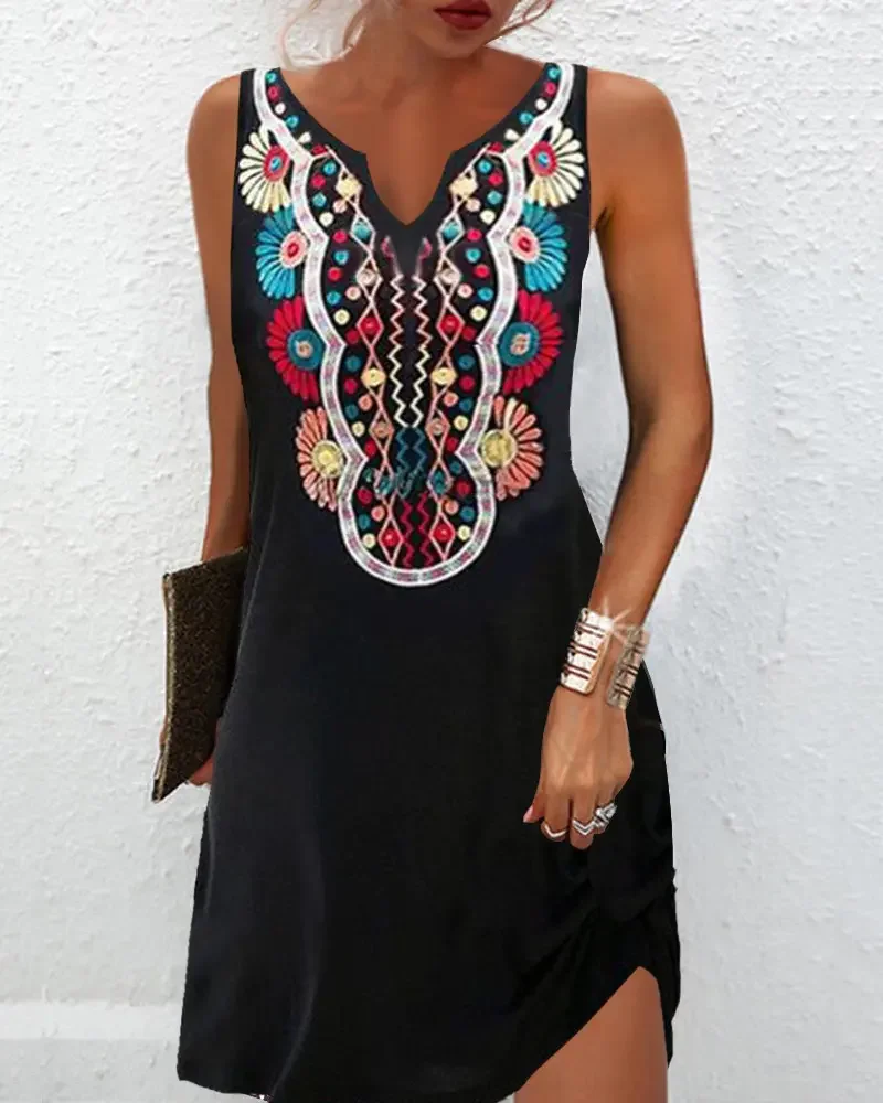 

Summer Woman Casual Tribal Print V-Cut Casual Sleeveless Mini Tank Dress