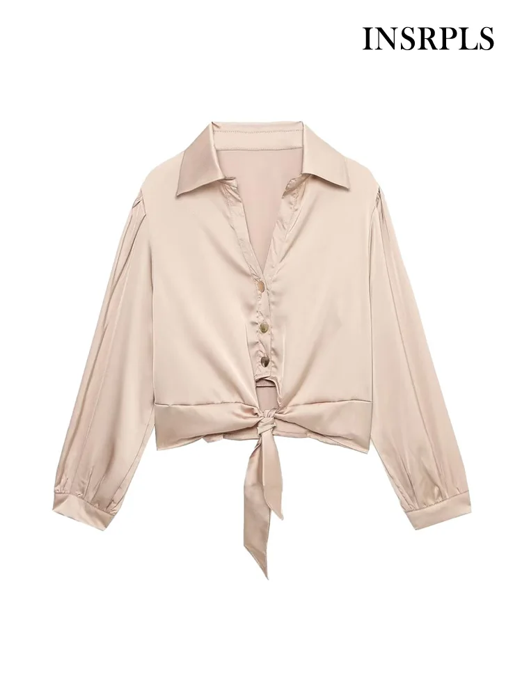 

INSRPLS Women Fashion With Bow Tied Satin Cropped Blouses Vintage Long Sleeve Front Gold Button Female Shirts Blusas Chic Tops