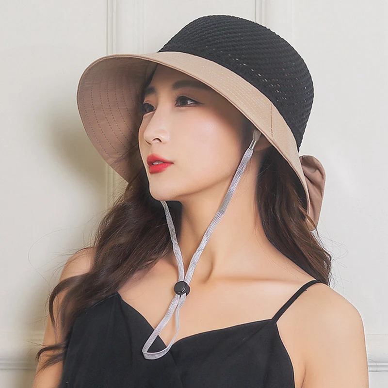 

Fashion Outdoor Summer Beach Sweet Bow Bucket Hat Women Lady Mesh Hollow Out Empty Top Folding Sun Hats Panama Fisherman Cap