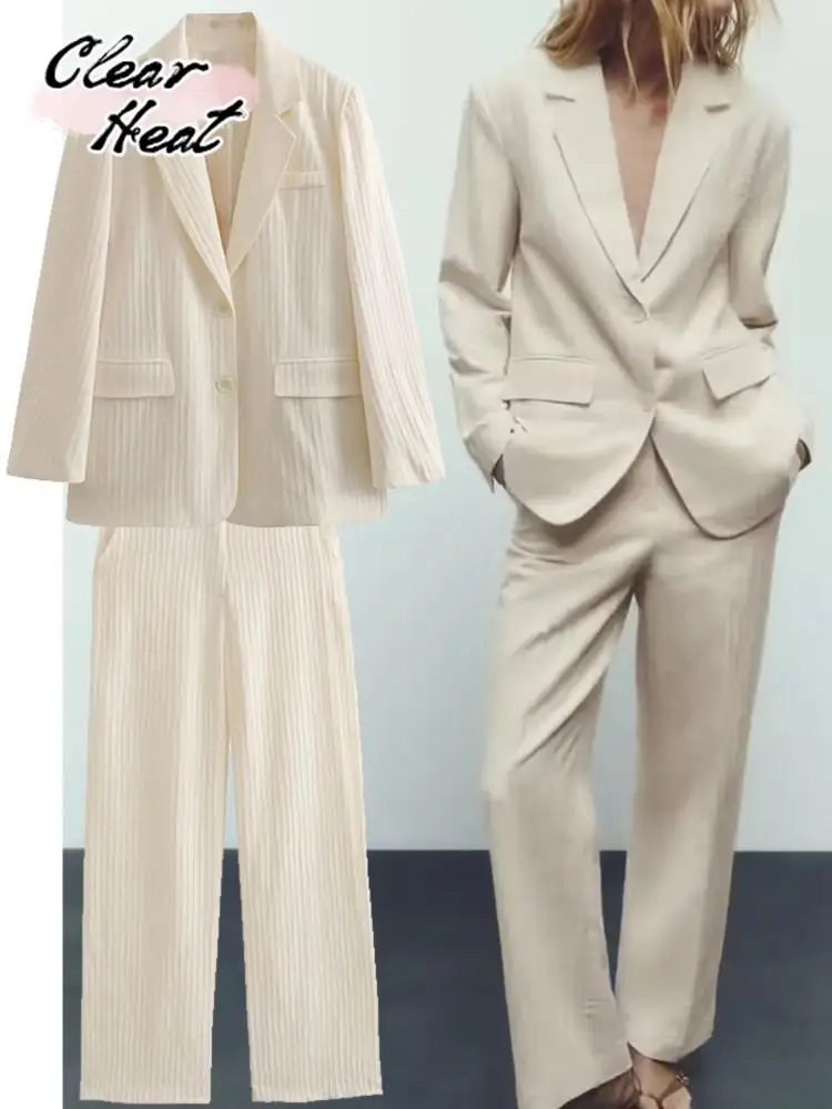 

Женский тонкий костюм из куртки и брюк с высокой талией, комплект из 2 предметов, модный весенне-осенний Повседневный свободный наряд, женские элегантные деловые костюмы