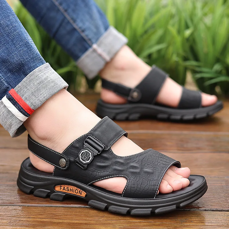 SALUDAS Men's Sandals Summer Men's Slippers Anti Slip Breathable Comfortable Leather Men's Casual Sandals Beach Sandals