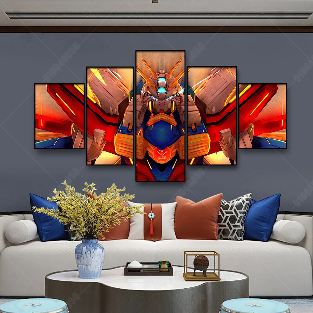 

5 Panels Classic Gundam Poster Anime Wall Art Cartoon Figure Modern Canvas Painting Living Room Home Decoration HD Cudros Gift