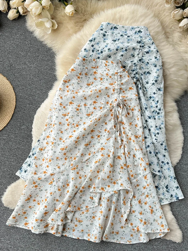 

YuooMuoo Women Skirts Fashion Floral Print Drawstring Ruffle Hem Chiffon Skirts High Waist Korean Chiffon Skirts
