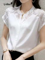elegance office new lace patchwork single breasted top women apparel hollow out short sleeve embroidered v neck chiffon shirt