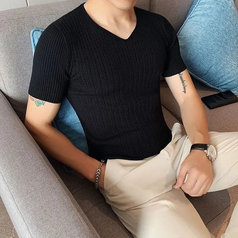 2023 Summer Thin Dark Striped T Shirt Men's Clothes Short Sleeved V Neck Slim Fit Elastic Tee Tops All-match Bottoming Shirt