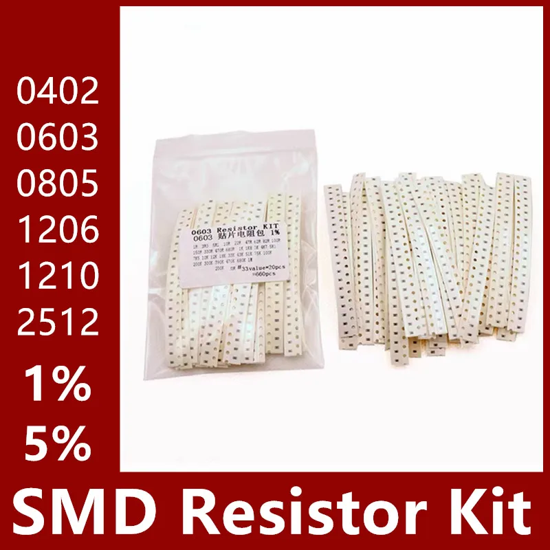 

200PCS 660PCS 720PCS 4000PCS 0402 0603 0805 1206 1210 2512 SMD Resistor Kit 1% 5% Assorted bag 10K 100K 1K 1R 100R 220R 10R 4.7