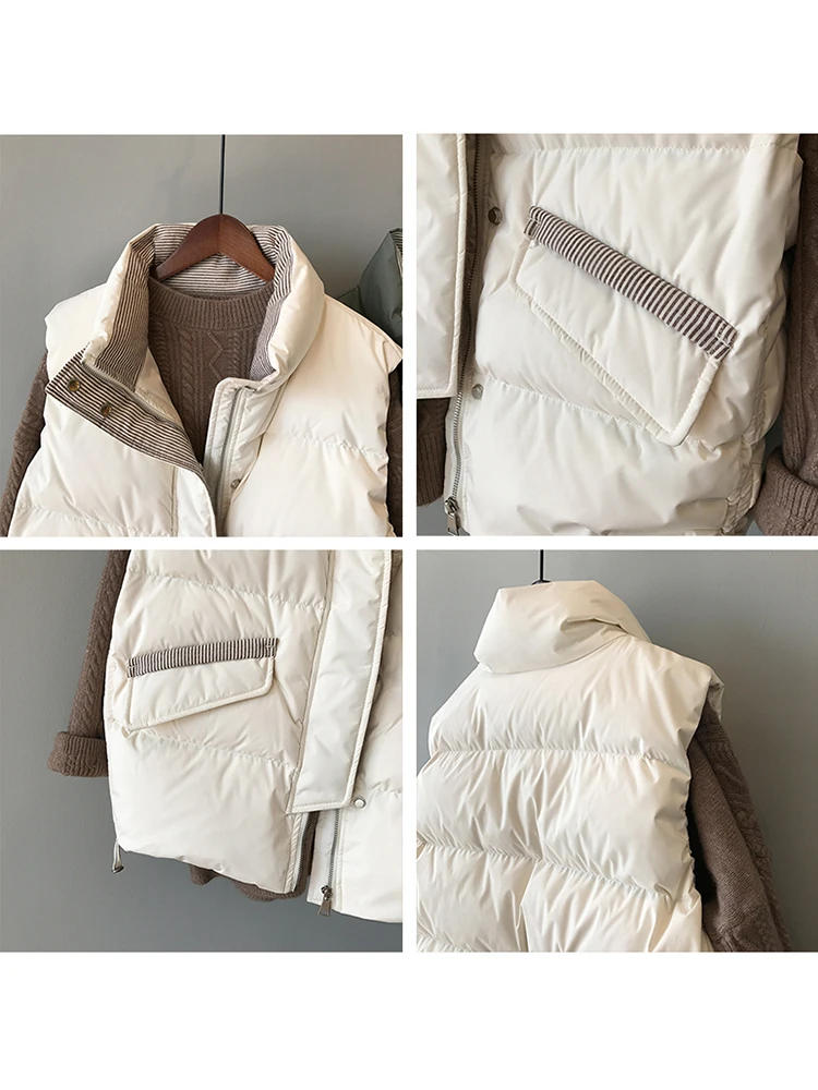 QOERLIN Designer Striped Liner Waistcoat Women Winter Thick Warm Jacket Stand Collar Sleeveless Pocket Zipper Padded Cotton Coat