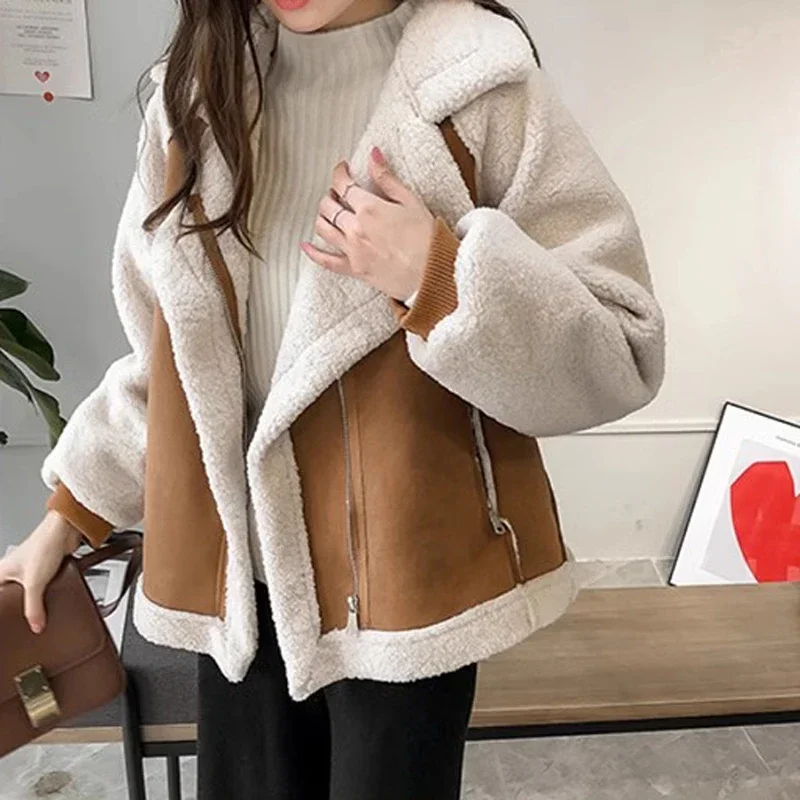 

Winter Jacket Women Lamb Wool Bomber Suede Fabric Wind Fur One Coat with Zipper Thick Warm Cropped Biker Jackets 2023