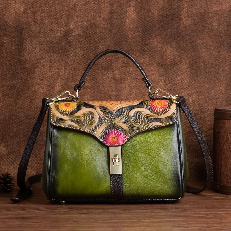 

2023 Vintage Genuine Leather Handbag Woman Soft First Layer Cow Leather Tote Bags Floral Ladies Cowhide Shoulder Messenger Bag