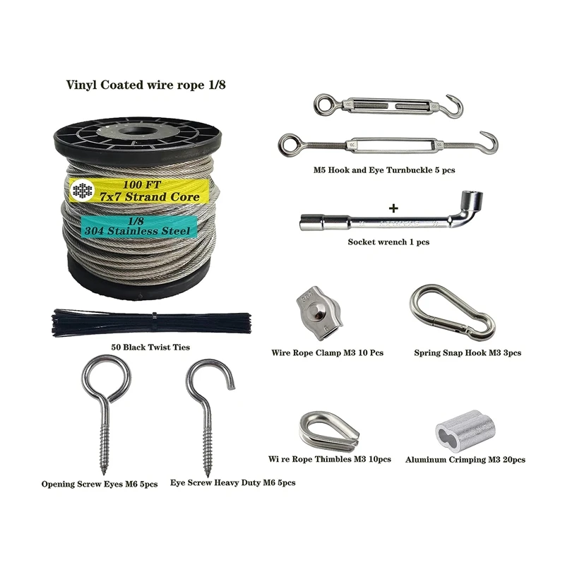 

Heavy Duty Turnbuckle Wire Tensioner Kit Cable Silver Stainless Steel 100Ft For Outdoor String Lights Hanging