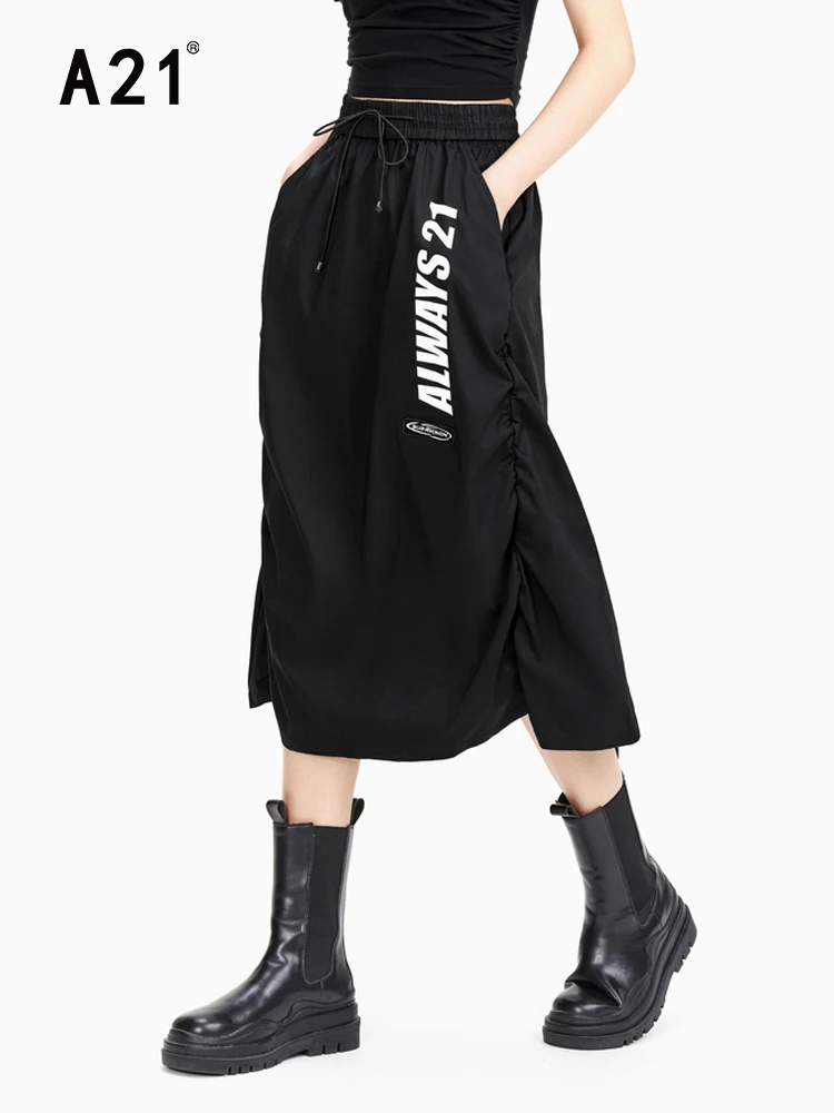 

A21 Ladies Casual Pleated Skirt 2022 Summer New Fashion Products Simple Letter Print Pleated Tie Elastic Straight Midi Skirts