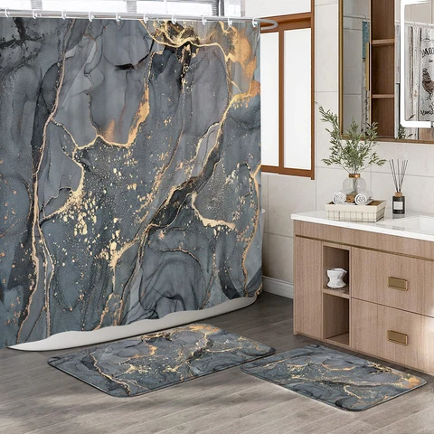 Занавеска для душа с эффектом трещин серого и золотого цвета, Современная креативная ткань с мраморной текстурой, декоративная занавеска для ванной комнаты и нескользящий коврик для ванной
